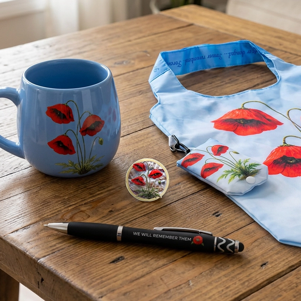 A collection image of the Forever Collection mug, limited edition lapel pin, stylus fidget pen and shopping bag on a wooden table.